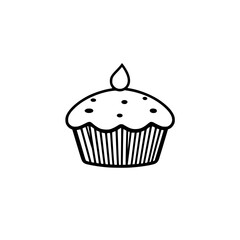 A minimalist black and white illustration of a cupcake with a single candle on top, decorated with dots, set against a clean white backdrop.
