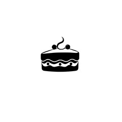 Isolated Black and White Cake Slice Logo with Decorative Cherries and Wavy Details on White Background, Minimalist Design