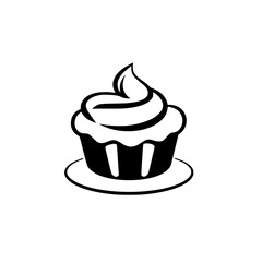 Bold Black and White Illustration of a Frosted Cupcake on a Plate, Isolated on White, Simple and Clean Design.
