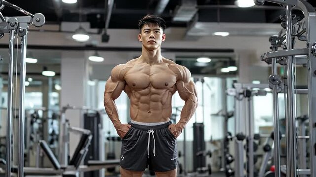 A muscle-bound athlete strikes a powerful pose in a contemporary fitness center. The bright and spacious gym features various workout equipment, highlighting dedication to fitness and strength