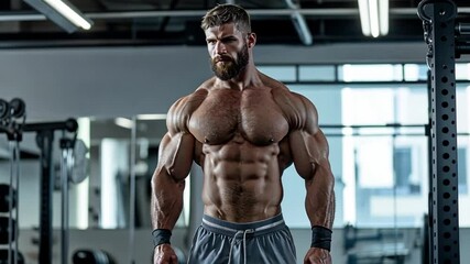 A bodybuilder demonstrates peak physique and strength in a well-equipped gym. The focus is on athleticism, discipline, and the intensity of workout sessions