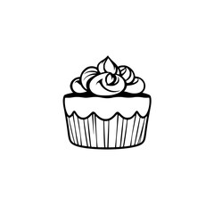 Detailed Black and White Line Art Illustration of a Frosted Cupcake on a White Background, Isolated.