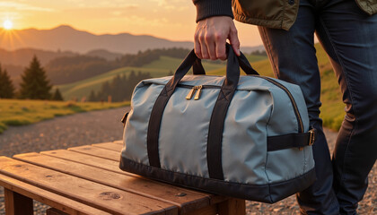 Travel Bag Mockup with Copy Space Featuring a Gray Duffel Bag Held by a Person During Sunset