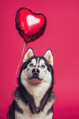 Obraz premium A playful husky dog holds a red heart-shaped balloon, a symbol of love and friendship