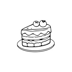 Black and white line art illustration of a layered cake slice, adorned with berries, on a plate, against a stark white backdrop.