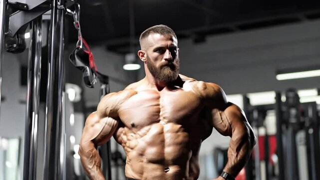 A muscular man is engaged in an intense strength training session at a well-equipped gym. He displays heightened focus while working on his physique during the workout