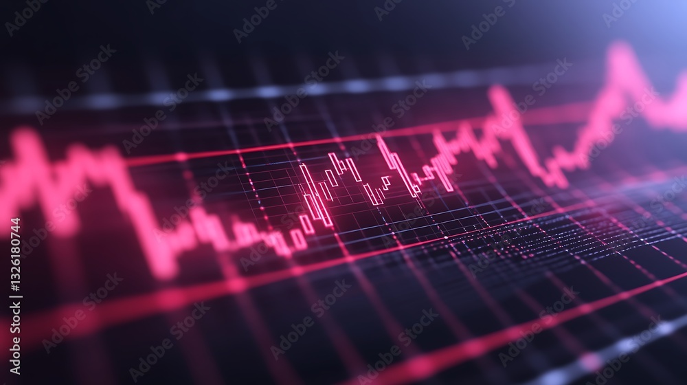 Poster abstract graphic of a digital waveform with red lines and background for technology and data visuali