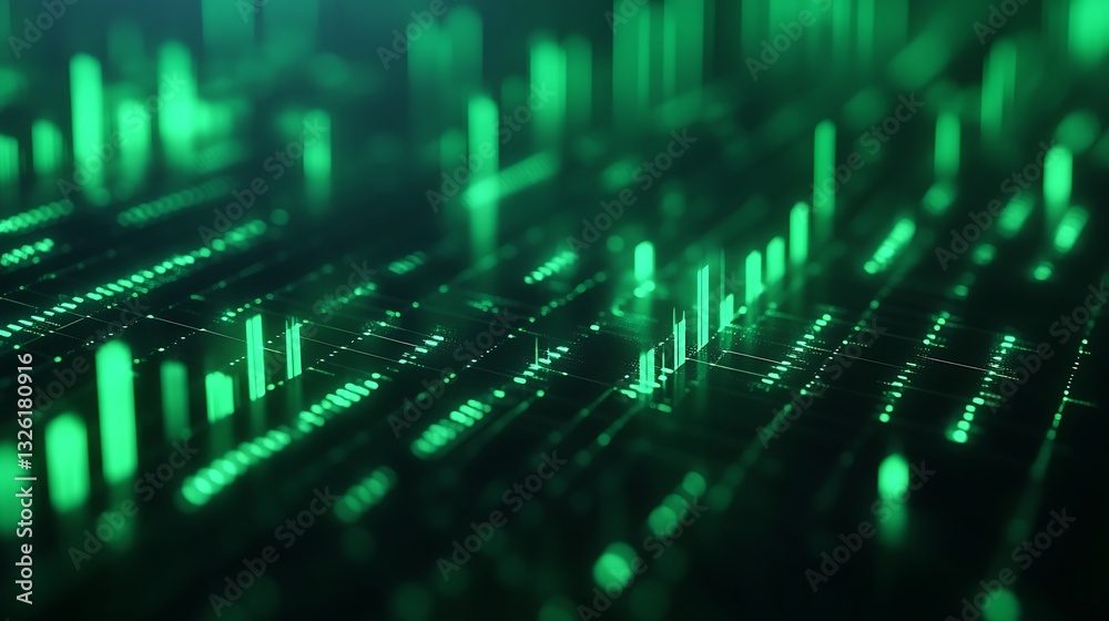 Poster abstract green data visualization with bright vertices and dynamic lines in a futuristic digital env