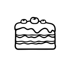 Simple monochrome illustration of a layered cake decorated with a wavy frosting and three berry toppings, on a white background.