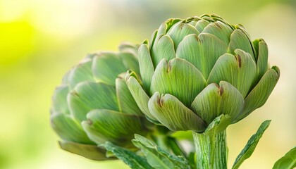 Fototapeta premium Close Up of Vibrant Green Artichoke Buds Growing in a Field, Bathed in Natural Sunlight