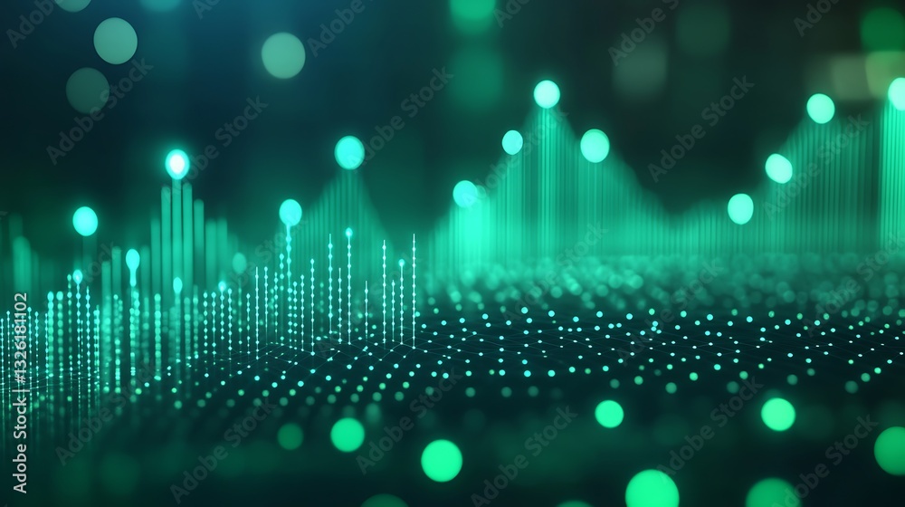 Aufkleber Abstract Green Digital Background with Sound Waves and Glowing Particles for Technology and Music Concepts