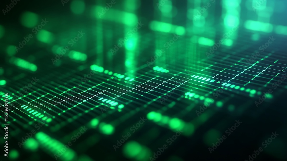 Poster abstract green digital data matrix with glowing lines and patterns on a dark background