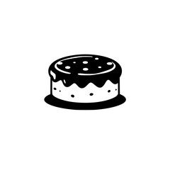 Black and white minimalist illustration of a round cake with dark icing and a series of white dots on top.
