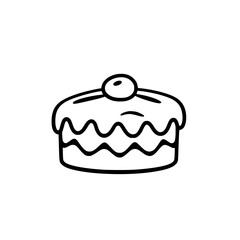 Minimalist Black and White Line Art Illustration of a Simple Cake with Cherry on Top, Isolated on White.