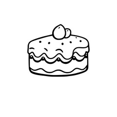 A simple, whimsical black and white illustration of a single slice of decorated cake, topped with fruit, isolated on white.