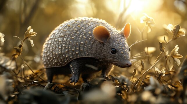 A small armadillo creature standing amongst some golden foliage