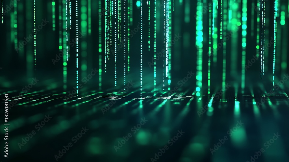 Poster abstract green digital rain with glowing binary code and futuristic background in dark space