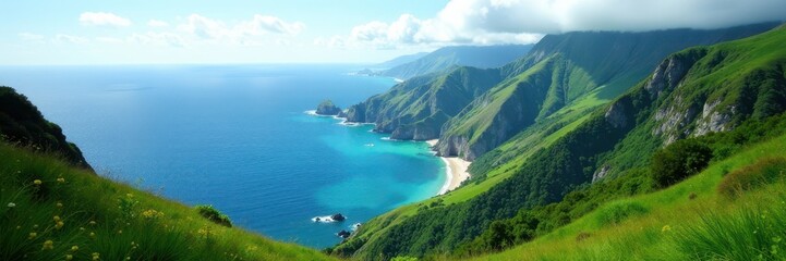 Fototapeta premium Lush green valley, dramatic cliffs, Pacific Ocean vista , Waipio Valley, majestic, picturesque