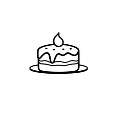 Simple Illustration of a Round Cake Slice with Decorative Frosting, Topped with a Single Candle, on a Plate, Minimalist Black and White Design.