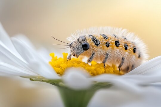 A caterpillar inching along a daisy petal, its bright colors contrasting with the flower soft white hues