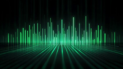 Abstract Neon Green Sound Waves with Vertical Lines and Light Effects on Black Background for Digital Art