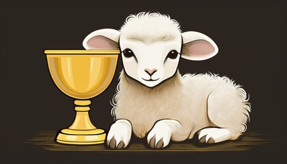 Whimsical illustration of a small lamb resting peacefully near a golden chalice, beautifully symbolizing purity and the presence of Christ. A religious image