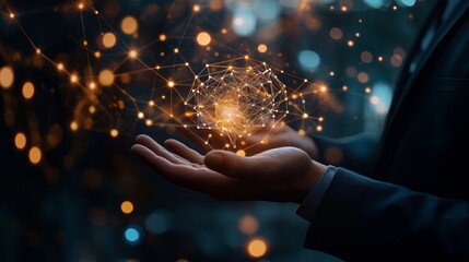 Businessman holding a virtual network in his hand, a concept of digital technology and connection using data connections to connect global sides.