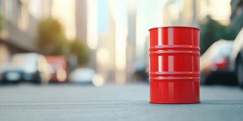 Red Gasoline Barrel on Urban Street, City Transportation Fuel Concept