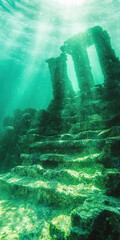Ancient underwater ruins with sunlight filtering through ocean depths