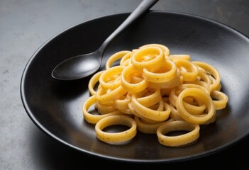 A plate of delicious pasta rings served with a spoon on a dark background