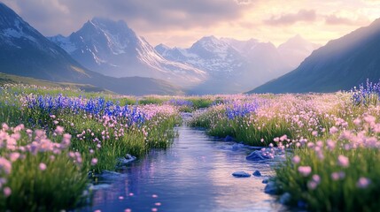 Tranquil Stream Flowing Through Vibrant Field of Colorful Wildflowers Under Bright Clear Blue Sky