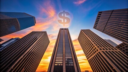 Naklejka premium Dramatic Sunset Over Urban Skyline with Dollar Sign Symbolizing Financial Prosperity