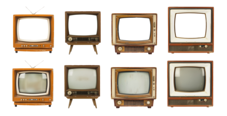 Collection of retro TV sets, old vintage mid-century televison wooden box isolated on white or transparent background, png file