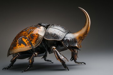 A close-up of a rhinoceros beetle, emphasizing the texture of its armor-like shell and its curved horn