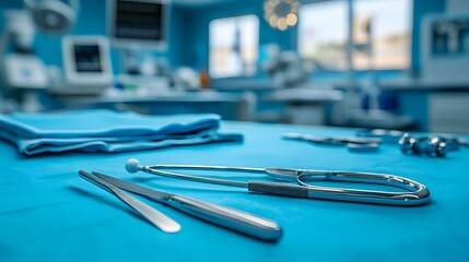 Dentist's office featuring surgical models and tools in a clean and organized environment with copy space for medical themes