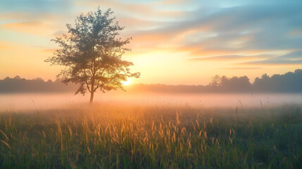 Obraz premium Beautiful foggy sunrise in English countryside with soft pastel sky and calm feeling : Generative AI