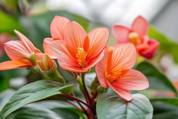 Fototapeta premium A close-up of peach blossoms with vibrant pink and red petals, surrounded by budding green leaves