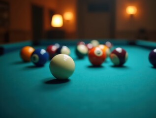 White billiard ball waiting to be played on green table