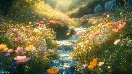 Tranquil Stream Flowing Through Vibrant Wildflowers Creating a Peaceful and Serene Natural Scene