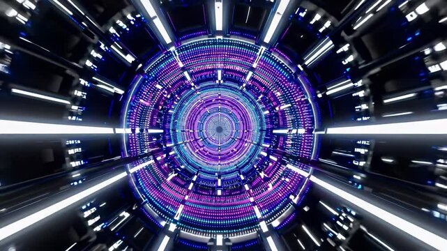 Futuristic glowing tunnel pulses with vibrant neon lights, sense of depth and movement. Illuminated rings and dynamic energy flows give feeling of high-speed travel through tunnel, led-colored coridor
