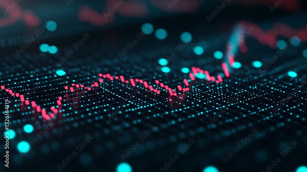 Poster abstract visualization of digital data trends with colorful graph lines and dots on a dark backgroun