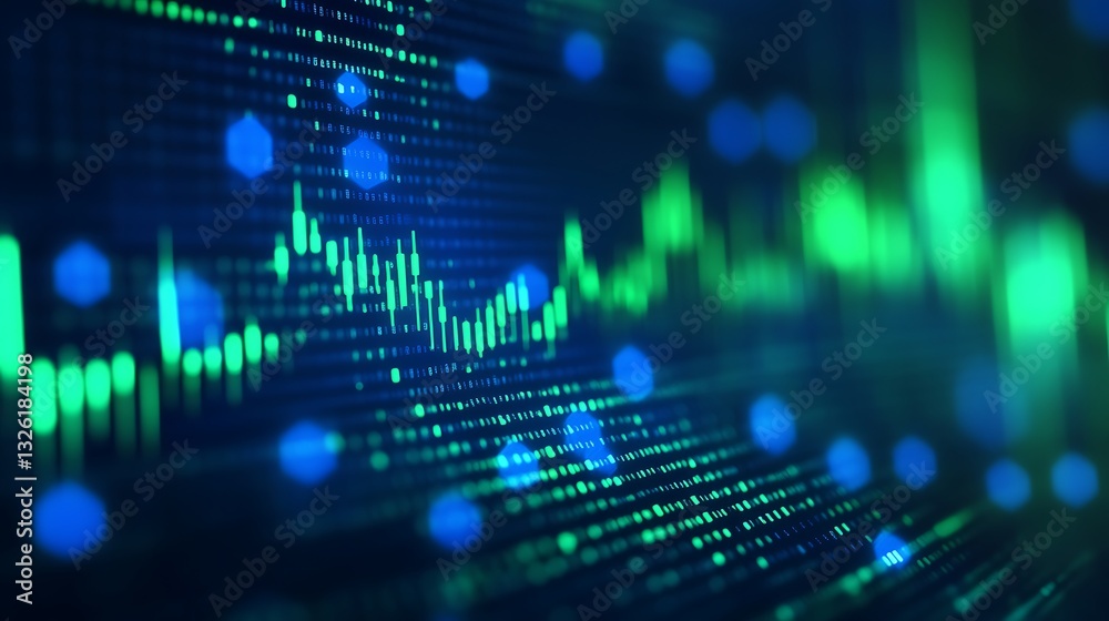 Poster abstract visualization of digital data wave with green and blue color scheme for tech and financial 