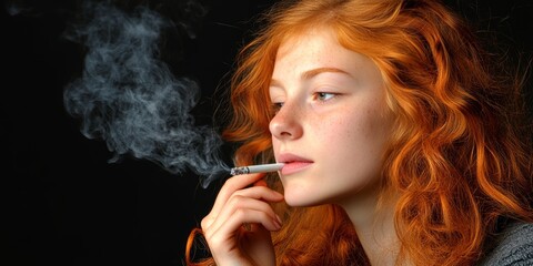 Close Up Portrait of Young Woman with Long Red Hair, Enigmatic Expression While Smoking a Cigarette