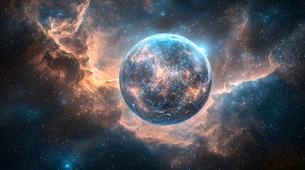 Fototapeta premium Crystalline planet suspended in the heart of a colorful nebula with radiant cosmic elements surrounding it