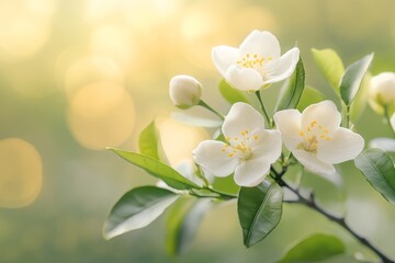 Obraz premium A cluster of orange blossoms on a citrus tree, surrounded by glossy green leaves and a sunny orchard setting