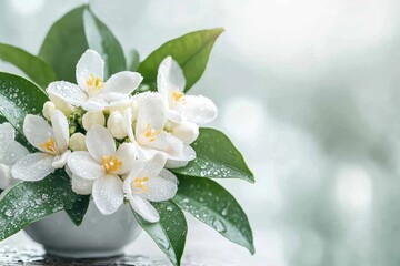 A cluster of orange blossoms on a citrus tree, surrounded by glossy green leaves and a sunny orchard setting
