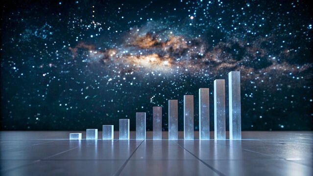 Ascending Transparent Bars Against Cosmic Background with Stars and Galaxy