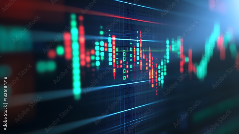 Poster abstract visualization of stock market trends with colorful data points and graph patterns in 3d spa