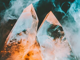 Two beautiful crystals resting on a table illuminated by cosmic light with swirling patterns and unique reflective qualities