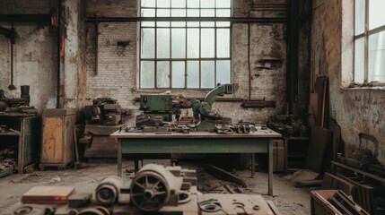 Abandoned workshop with old machinery and tools.